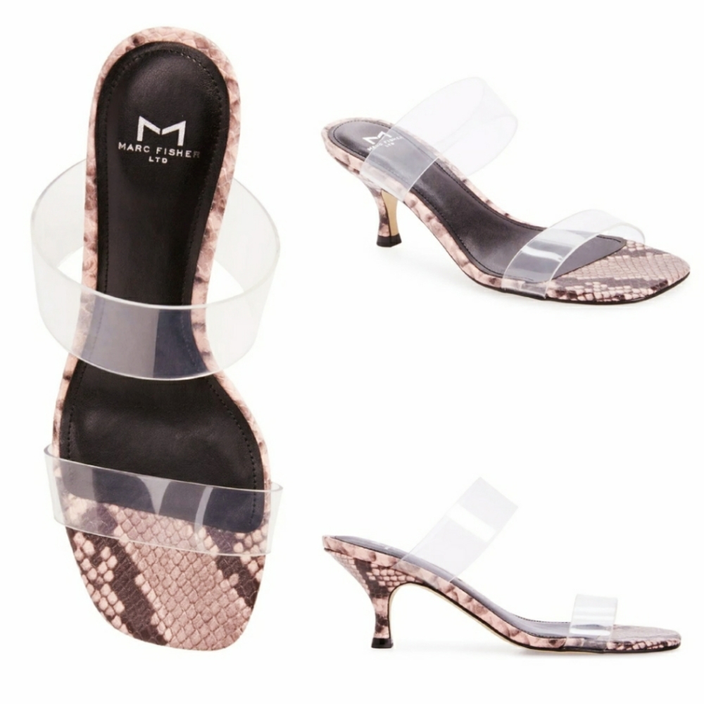 NIB Marc Fisher Guadia Kitten Heel Slide Sandals Pink Snakeskin Print Size 6.5